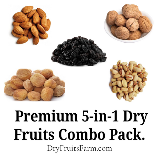 Premium 5-in-1 Dry Fruits Combo Pack: Almonds, Walnuts, Apricots, Black Raisins and Pistachios (1400g total weight)